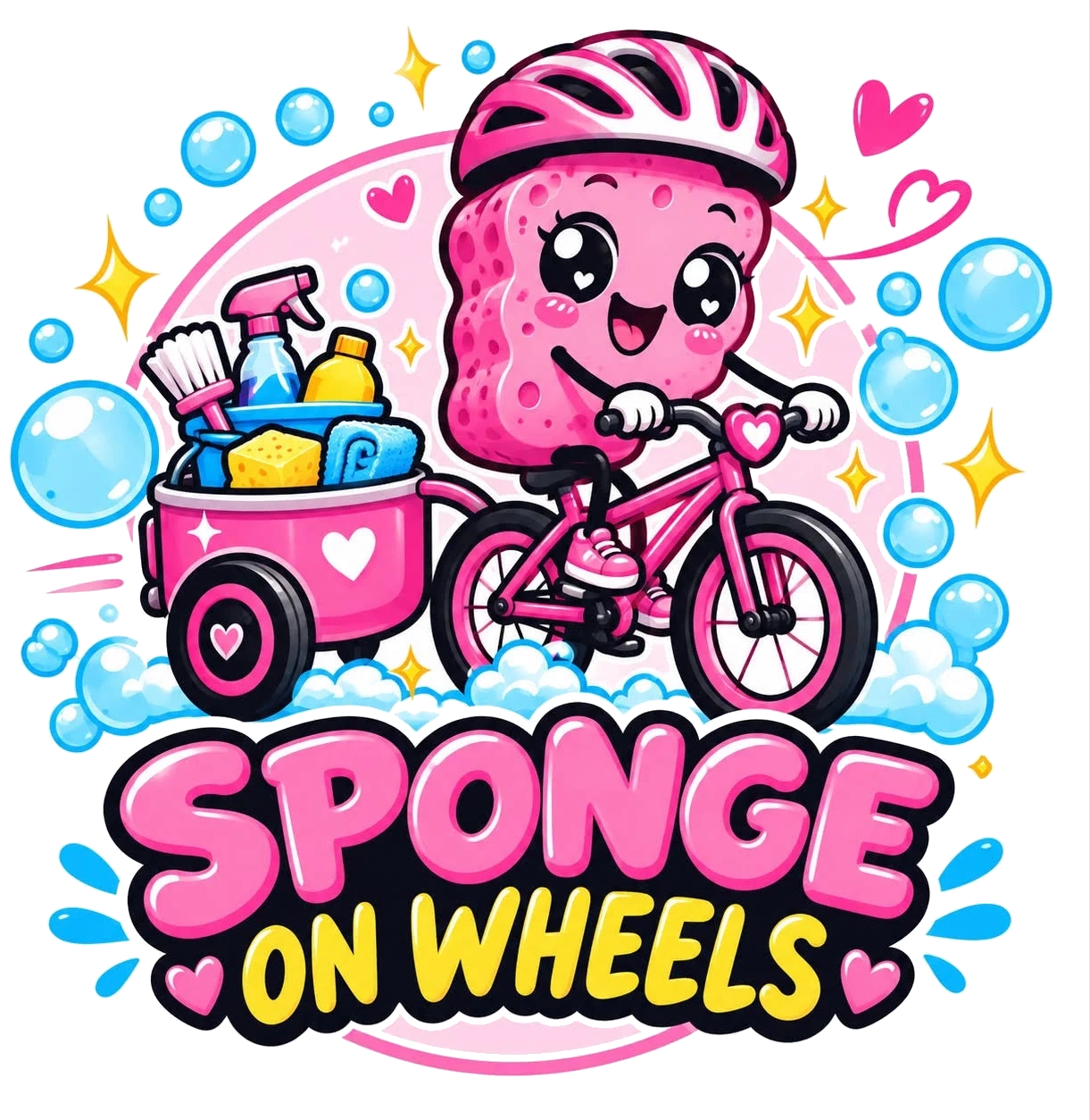 Sponge on Wheels — Spongie riding a pink bicycle with a trailer of eco cleaning supplies
